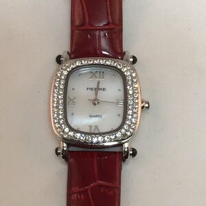 Square Crystal Bezel Watch with Red Leather Strap
